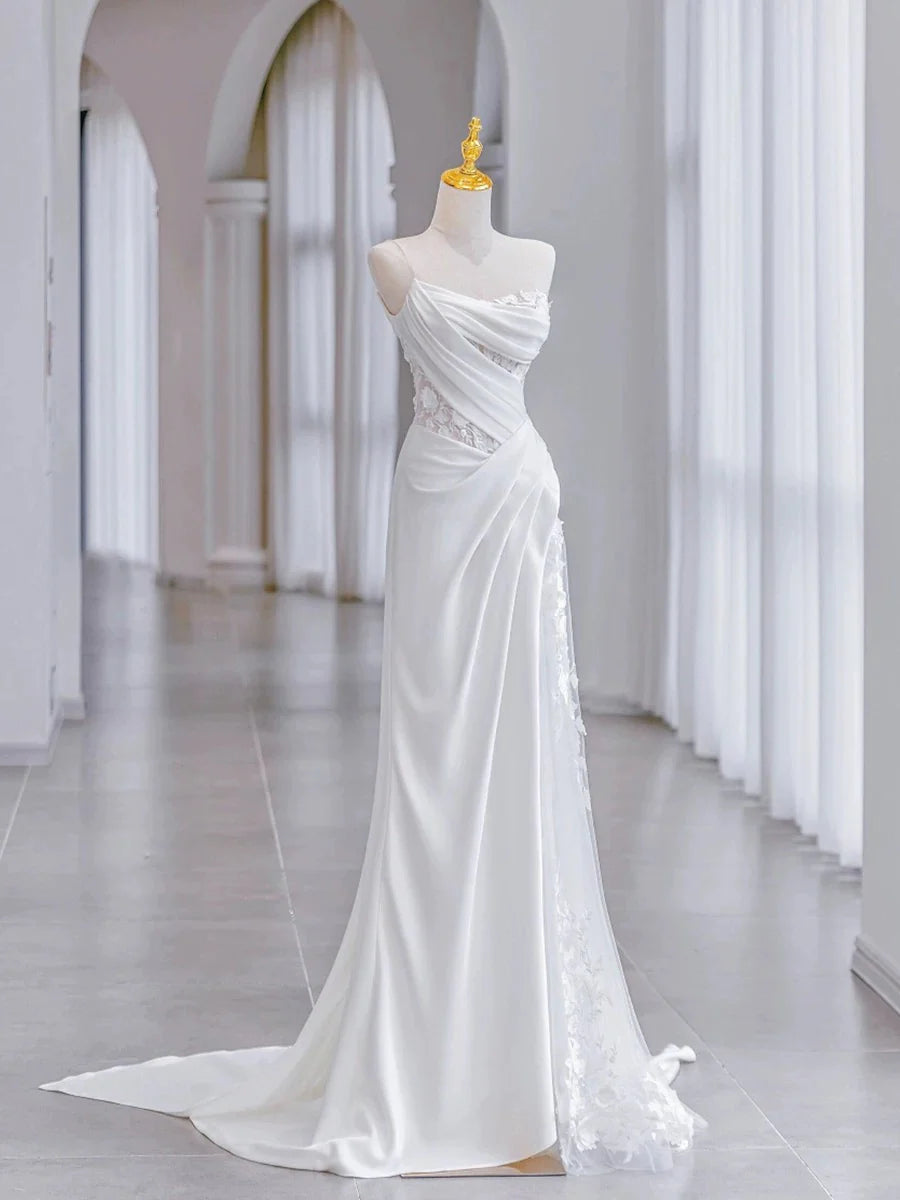 Buyishang Chic Sheath Strapless Sleeveless White Satin Wedding Dresses With Ruffles dress for wedding